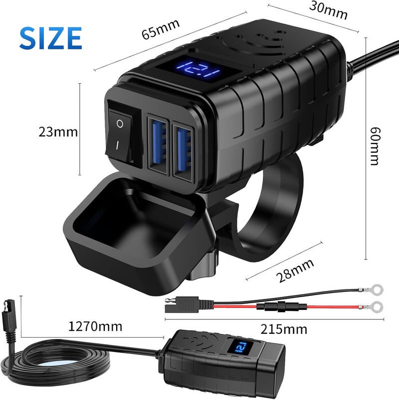 HAOQUOOU Motorcycle Phone Charger,Quick Charge 3.0 Dual USB Motorcycle Phone Charger with Voltmeter & ON/Off Switch,Waterproof Motorcycle Accessories for Phone, Tablet, GPS, etc - Image 2
